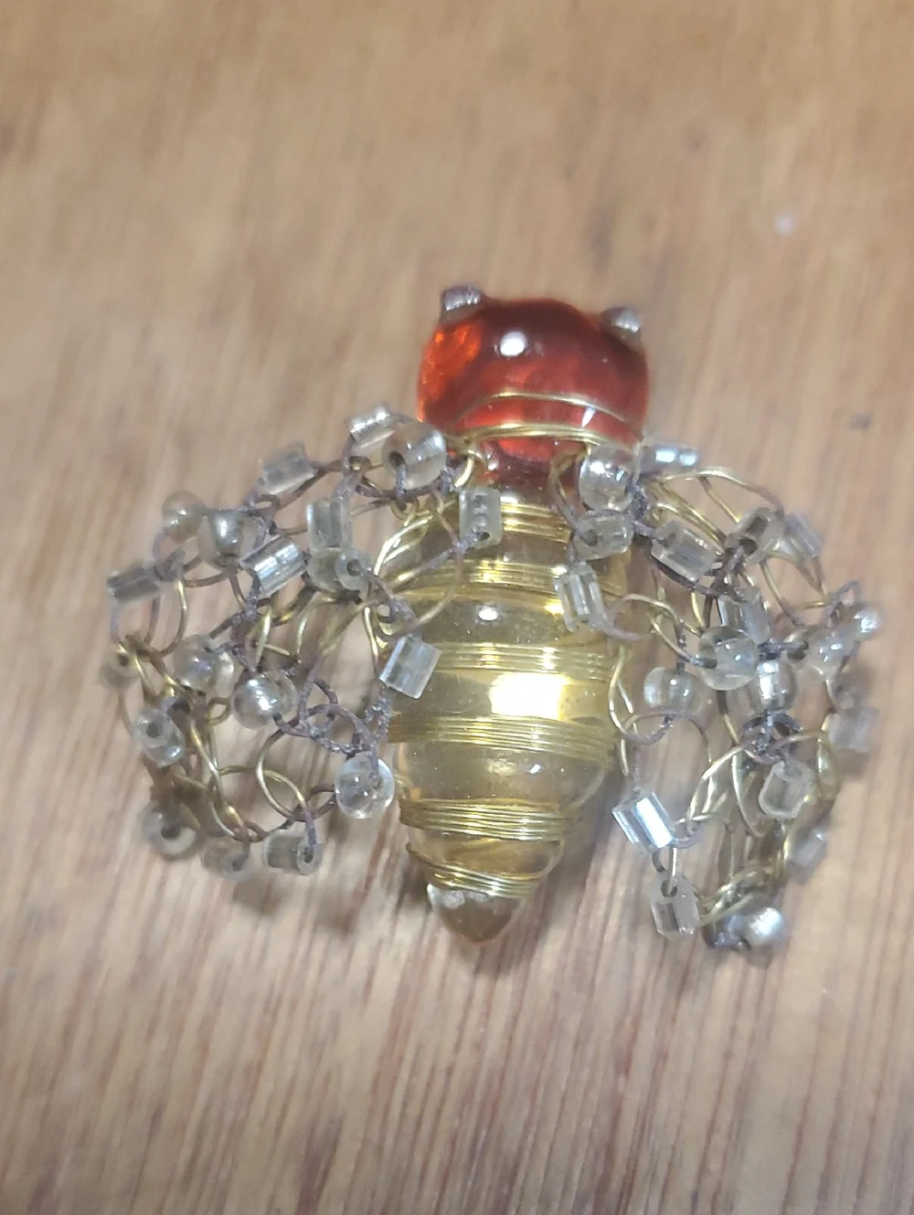 Handcrafted Amber-Tone Bee Brooch with Clear Bead Accents BD